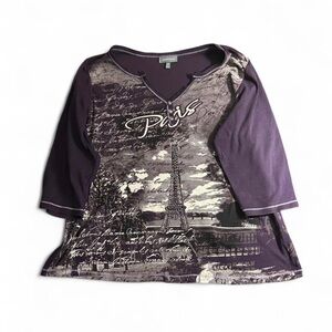 Essentials Y2K Purple 3/4 Sleeve Paris Embellished Graphic V-Neck Tee